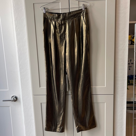 Elizabeth & James Metallic Gold Hawke Pleated Straight Leg Lame Trousers Pants 2 - Picture 1 of 7